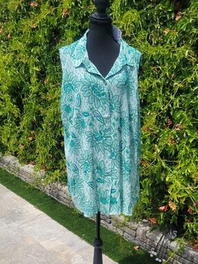 Green Tropical Floral Button Down Lightweight Sleeveless Top Sz 26